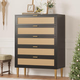 Garvee Cómoda de Ratán de 5 Cajones, Cajonera Vertical de 80x39,5x112 cm con Patas y Tiradores Dorados para Dormitorio y Salón, Negro - Negro