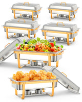 Garvee Set De 6 Bandejas Calentadoras Buffet Rectangulares 8L Acero Inoxidable Con Soporte De Tapa Y Accesorios Para Eventos Y Banquetes - Dorado & Cuadrado & 6 piezas