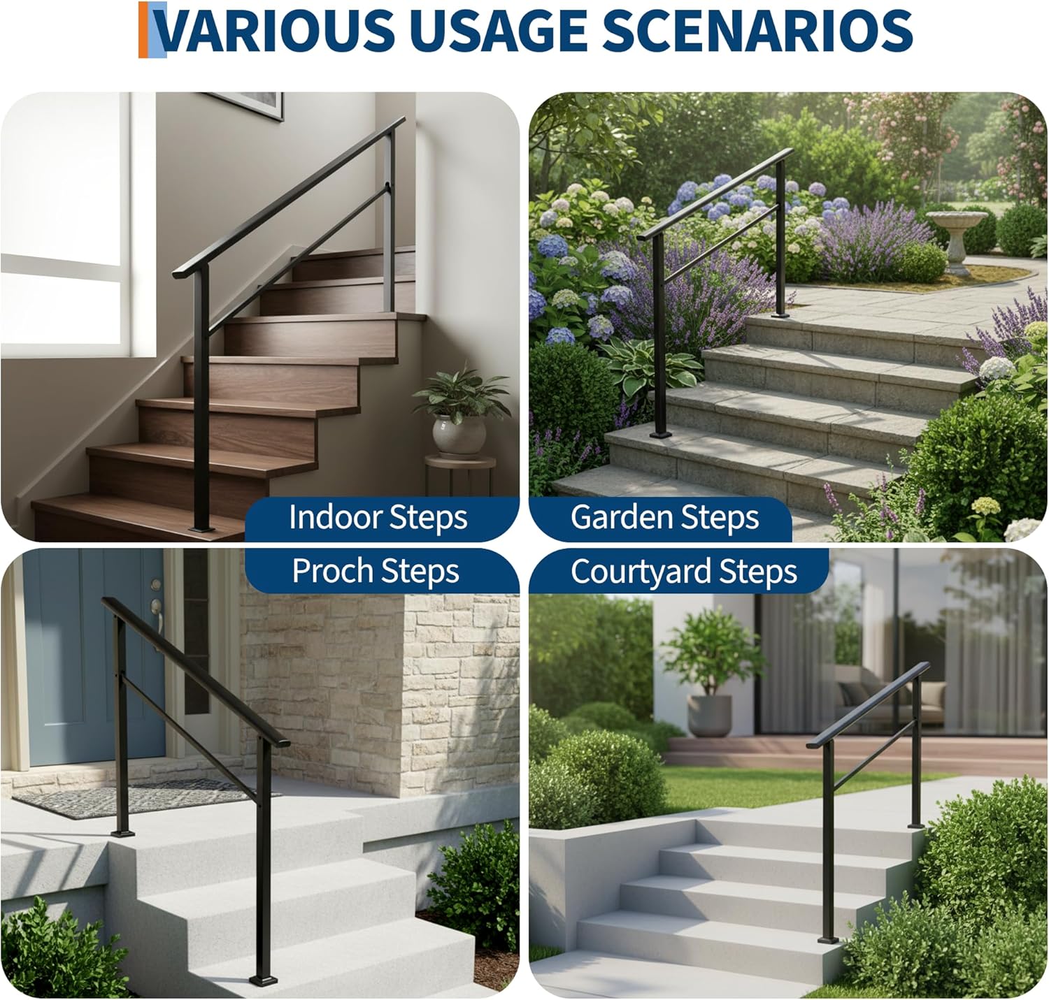 Garvee Barandilla para Escalera de 6 Peldaños Pack de 2 Unidades con Soporte de Alta Resistencia para Entradas de Edificios Negro