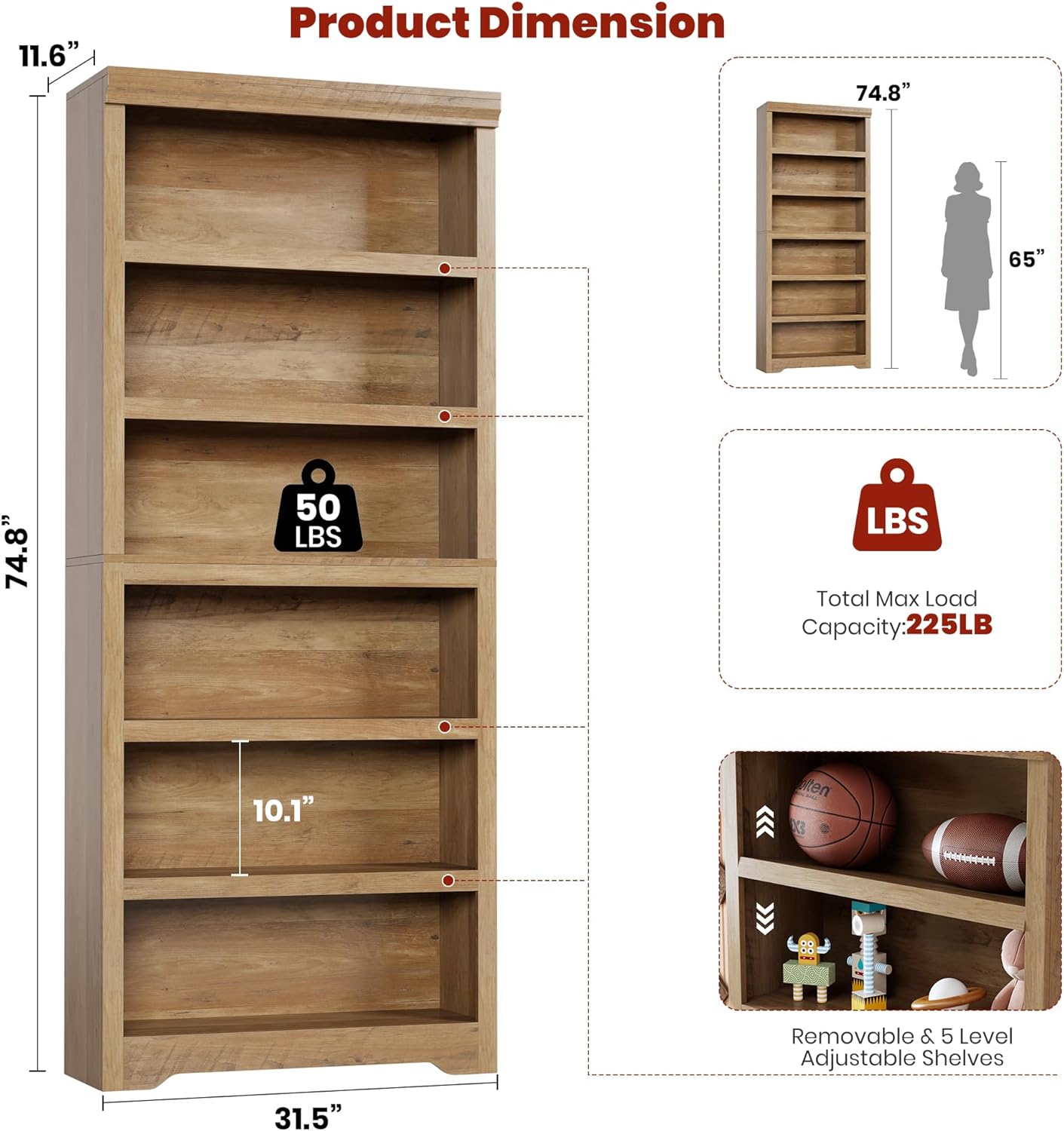 Garvee Estantería de Almacenamiento de MDF de 6 Niveles sin Puertas de 191 cm de Alto con Estantes Ajustables para Hogar y Oficina Madera