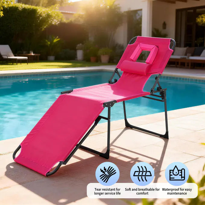 Garvee Tumbona Alta de Playa Plegable con Abertura Facial Acolchada, Respaldo Reclinable de 5 Posiciones, Bolsillo Lateral y Tejido Oxford 600D, Rosa
