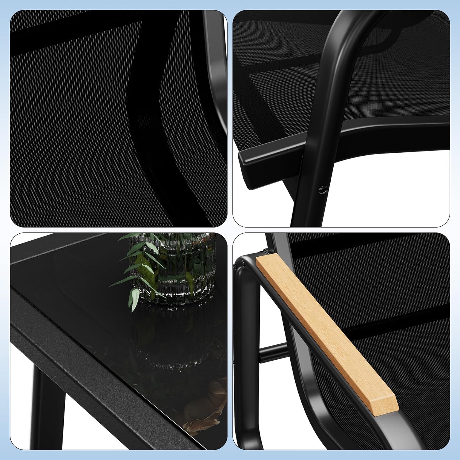Garvee Set De Muebles De Jardín 4 Piezas Textilene Con Mesa De Vidrio Y Sofá, Acero Resistente, Brazos En Madera, Para Exterior, Balcón Y Jardín, Negro