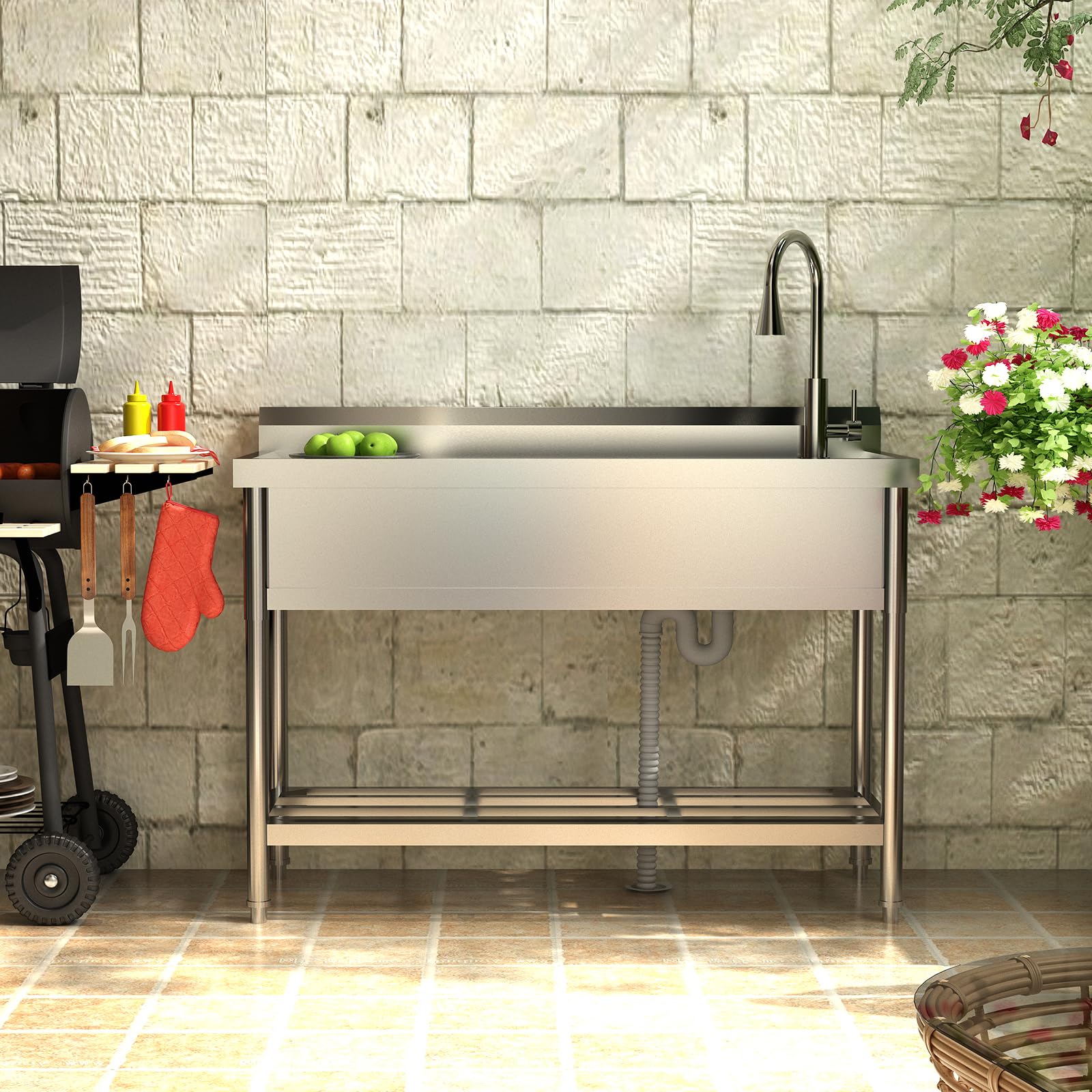 Garvee Lavadero Utility Acero Inoxidable 120x51x92cm Diseño Tazón Regadera Grifo Extraíble Cocina Jardín