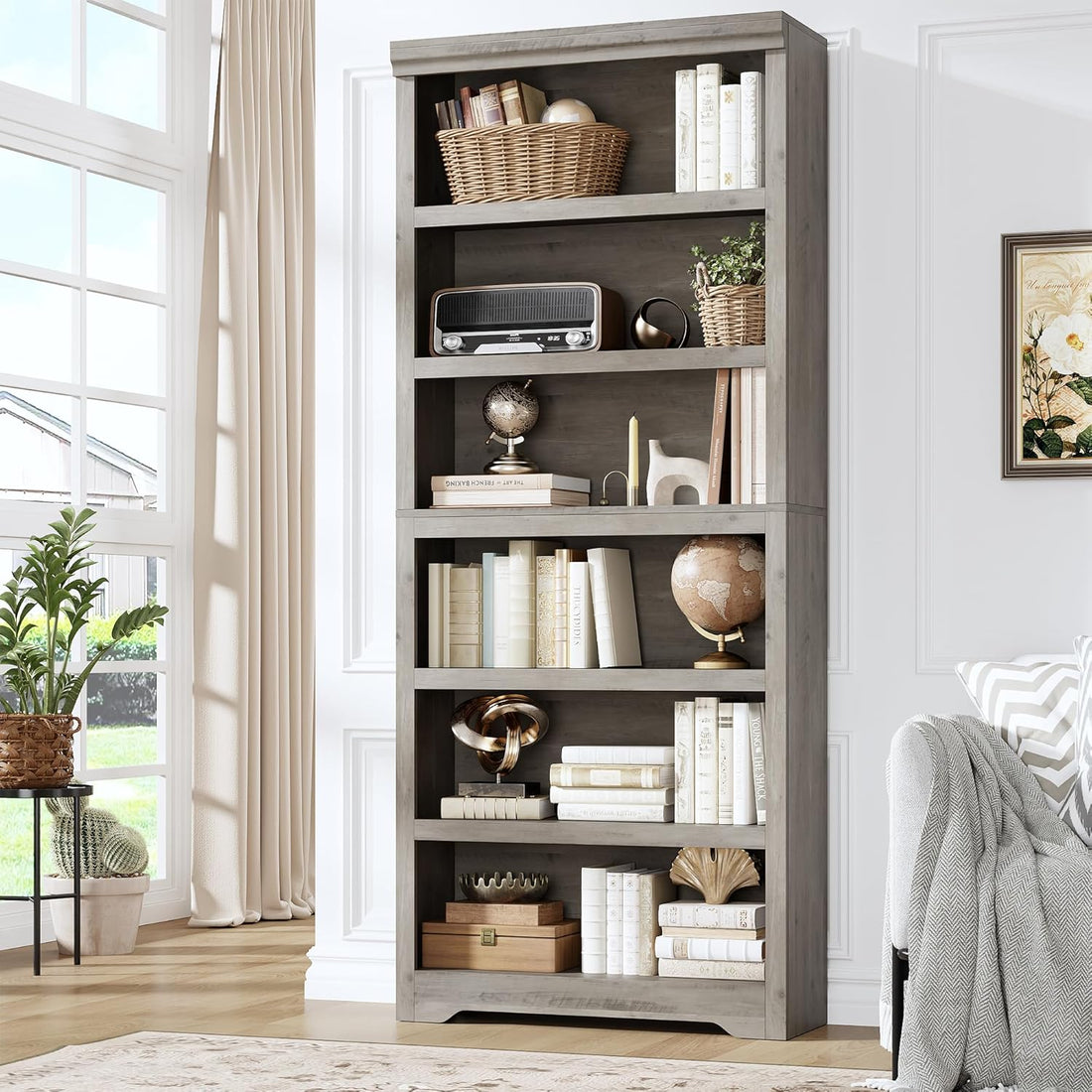 Garvee Estantería de 6 niveles alta ajustable, MDF resistente, gris, para hogar y oficina, 191cm