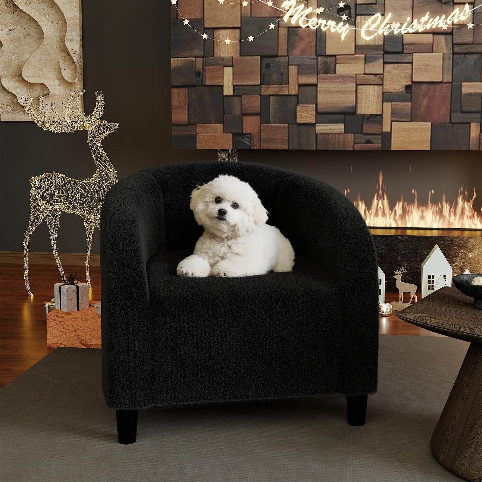 Sillon auxiliar envolvente tapizado en tejido de borreguito de color negro Garvee