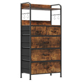 Garvee Cómoda de Entrada 5 Cajones de Tela Marco Metálico Robusto 2 Estantes Abiertos y Ganchos Laterales 120x60x30 cm para Salón y Pasillo Atigrado - Marrón