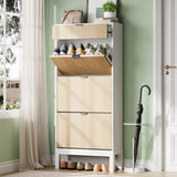 Garvee Gabinete Para Zapatos Con 3 Cajones Abatibles, Estilo Granja, Blanco Y Roble, Para Entrada Y Pasillo, Delgado Y Resistente