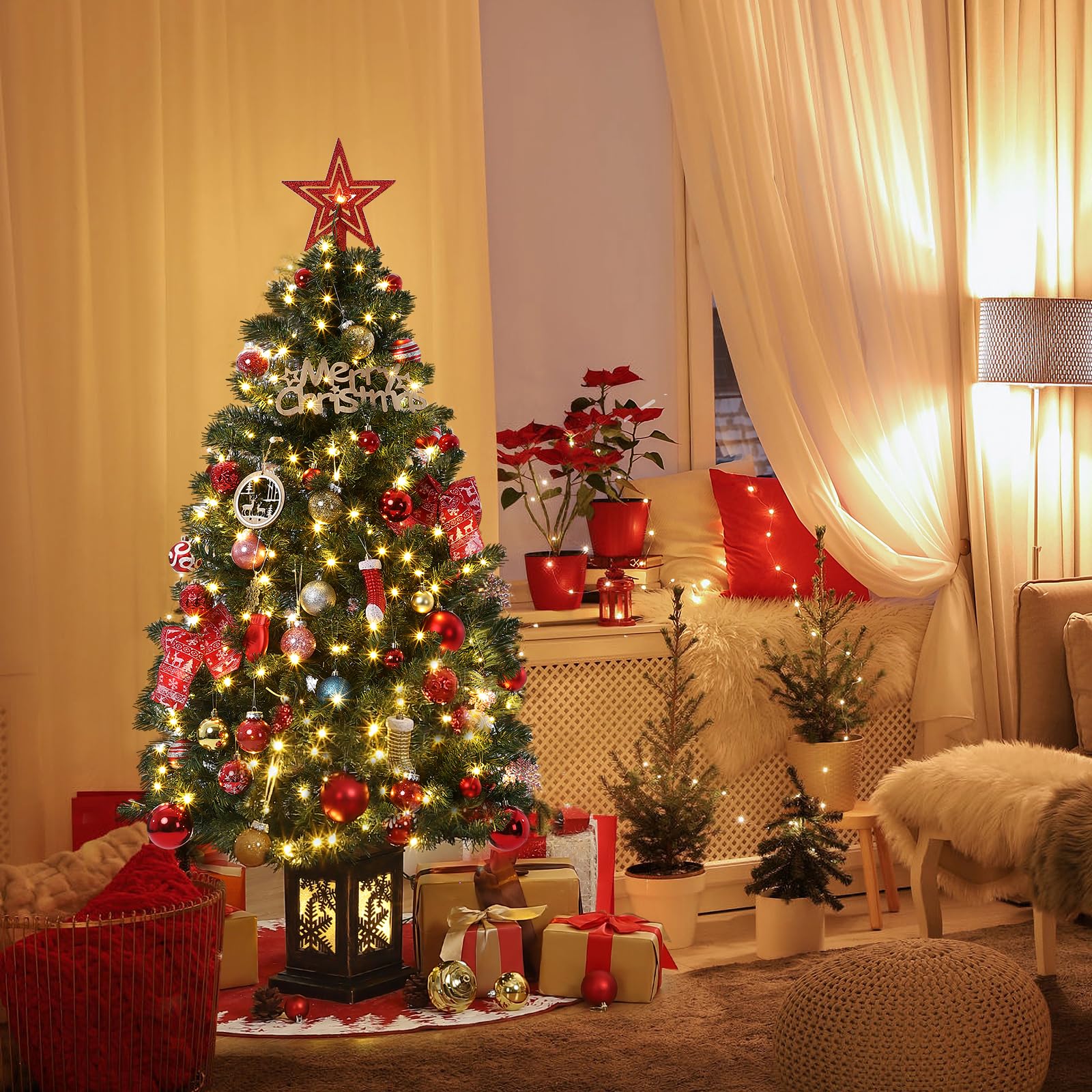 Garvee árbol de Navidad artificial de 145 cm con 300 luces LED cálidas blancas, 8 modos, maceta retro iluminada, para familia, oficina, pasillos, verde y nevado