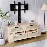 Garvee Consola TV Estilo Farmhouse Para TVs Hasta 70'' Con Montaje Ajustable, 4 Cajones De Ratán, Madera Resistente, Sala Y Dormitorio, Moderno - Natural