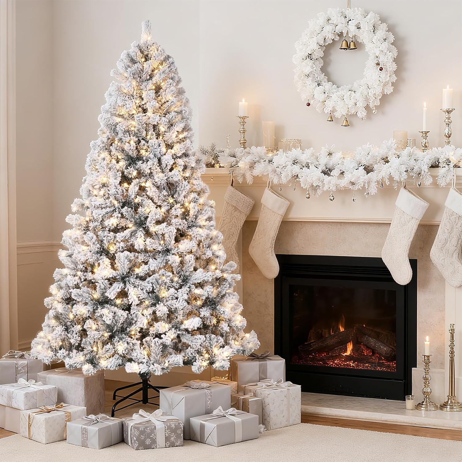 Garvee Árbol de Navidad Artificial 237 cm PVC Mezclado Flocado con Nieve y Luces LED