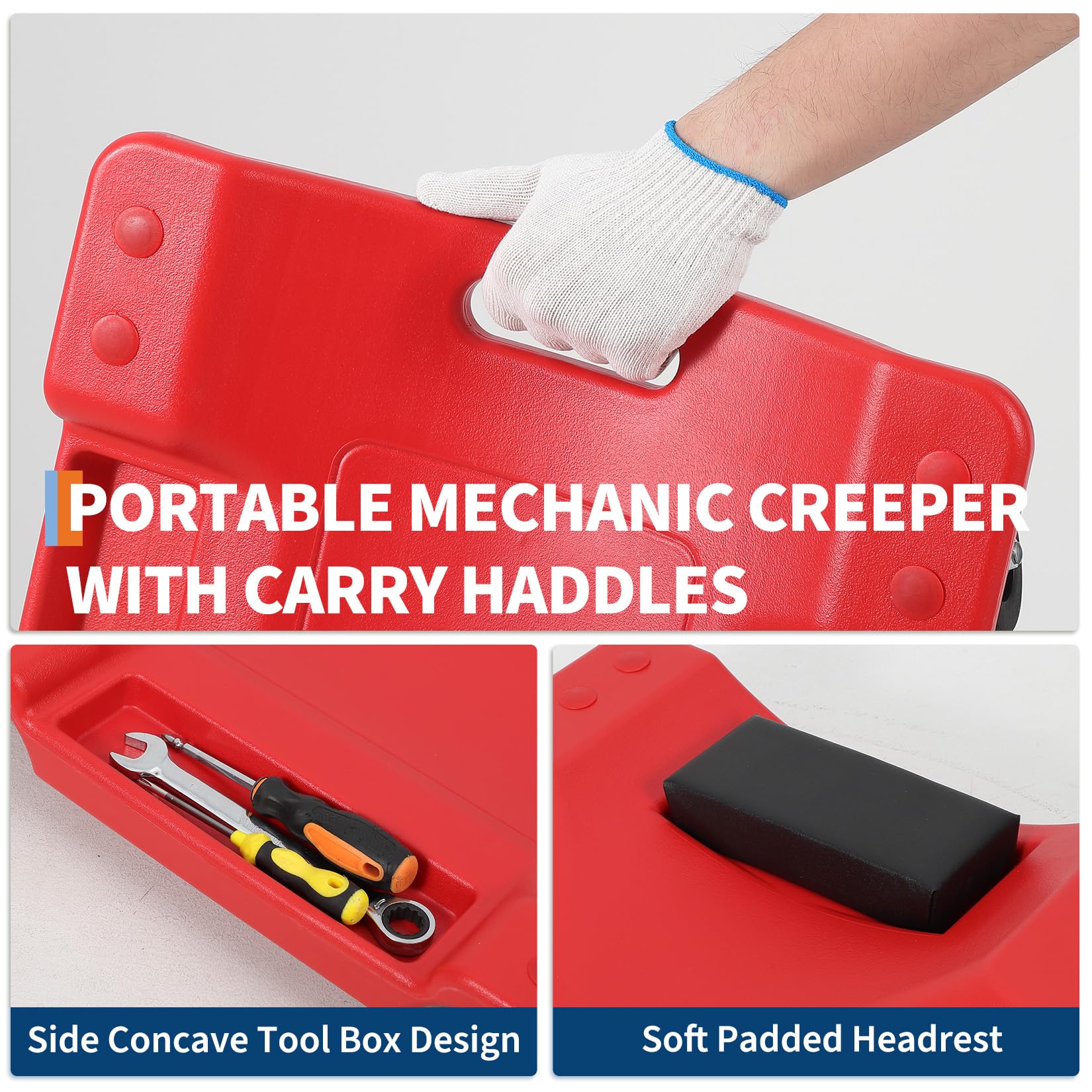 Garvee Creeper Automotriz de 102 cm con Cuerpo HDPE Capacidad de 159 kg Reposacabezas Acolchado y 6 Ruedas Giratorias de Bajo Perfil para Taller Color Rojo