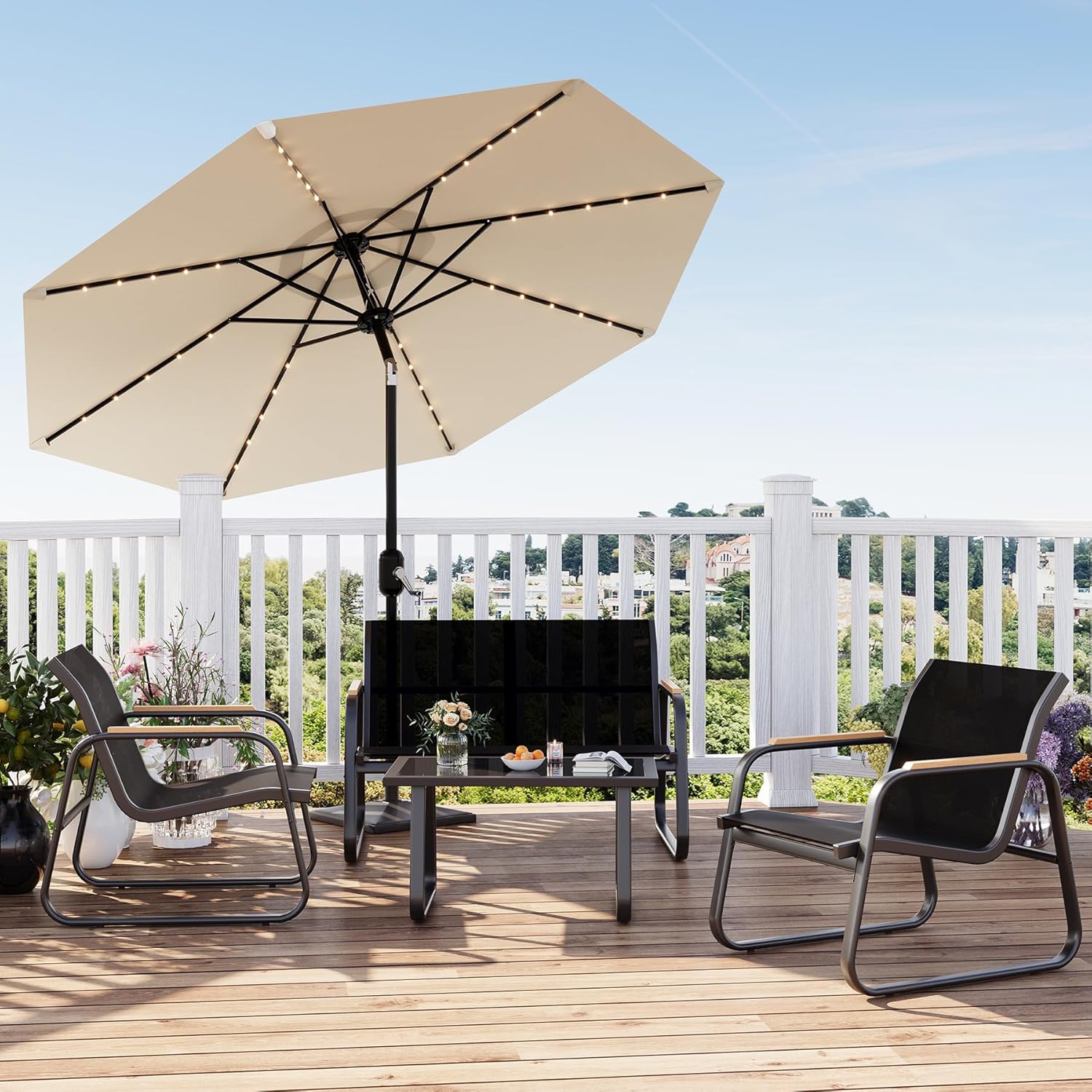 Garvee Set De Muebles De Jardín 4 Piezas Textilene Con Mesa De Vidrio Y Sofá, Acero Resistente, Brazos En Madera, Para Exterior, Balcón Y Jardín, Negro