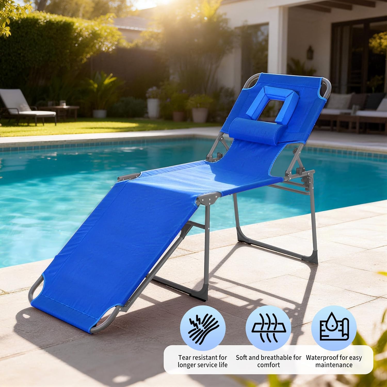 Garvee Tumbona Reclinable Alta con Abertura Facial, 5 Posiciones, Tejido Oxford 600D Resistente al Agua, Plegable con Bolsillo, Azul