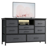 Garvee Cómoda con 8 Cajones y Mueble de TV con LED, Estación de Carga, Mueble de Dormitorio, 120cm de Ancho, Metal y Tela - Gris
