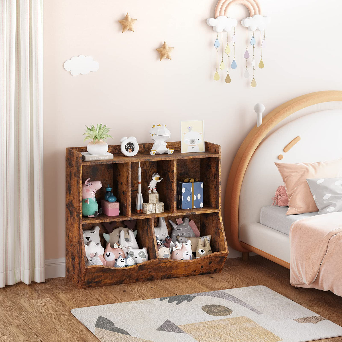Garvee Armario Almacenamiento Juguetes y Libros MDF 2 Niveles, 2 Compartimentos Abiertos y 2 Cajas Inclinadas, Altura Niño-Amigable, Diseño Seguro, Vintage, Sin, para Dormitorio Infantil