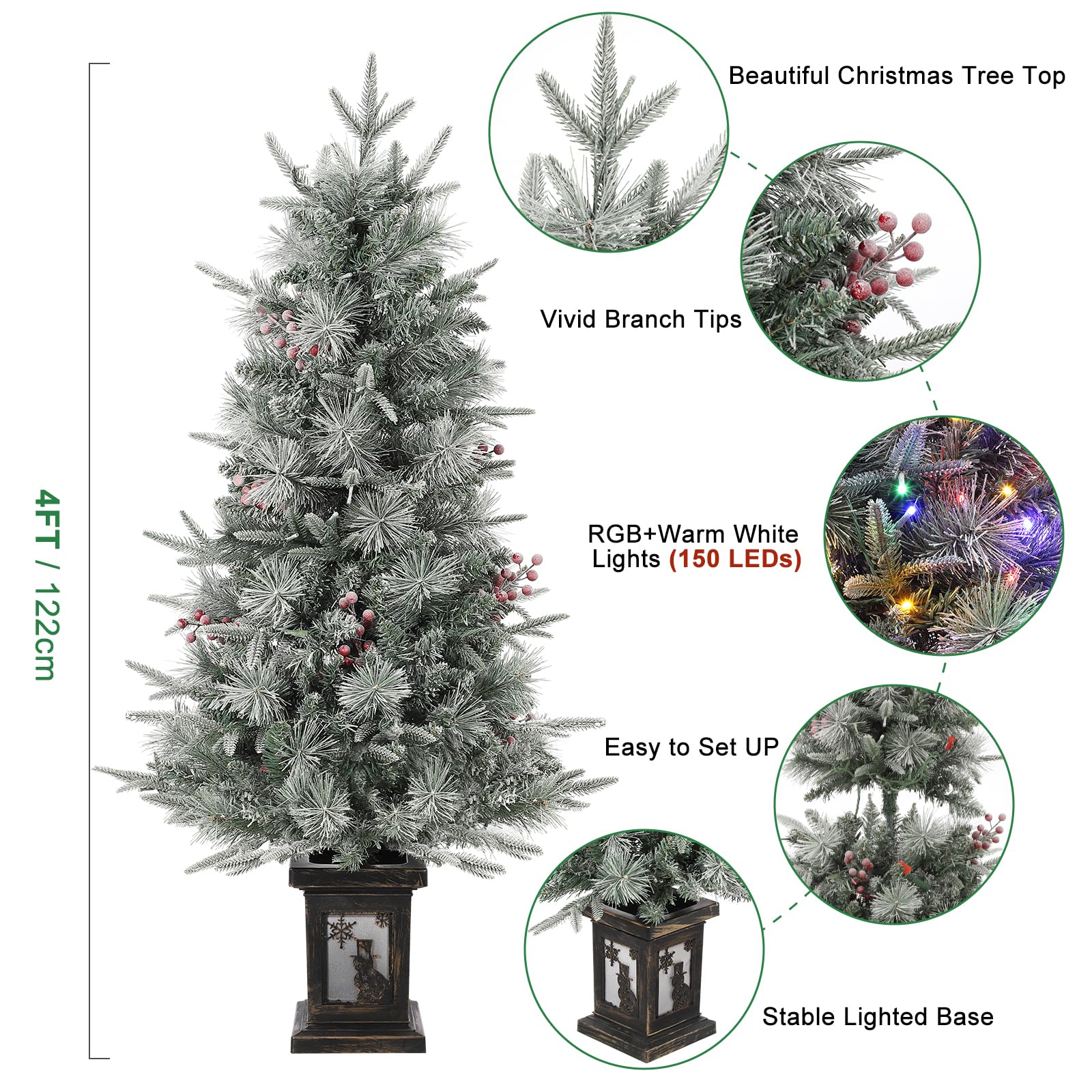 Garvee Árbol de Navidad Artificial con Iluminación 125cm  Ramas de PVC Nevadas LED Multicolor 9 Modos Base Retro de Muñeco de Nieve para Hogar Oficina
