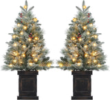 Garvee Árbol de Navidad Artificial 90cm con Luces LED, Nieve Artificial, Base Clásica, Temporizador y Batería, Miniatura para Hogar y Oficina, Color Verde - 90 cm & Árbol de rocío & Maceta de cuadro grande & 2