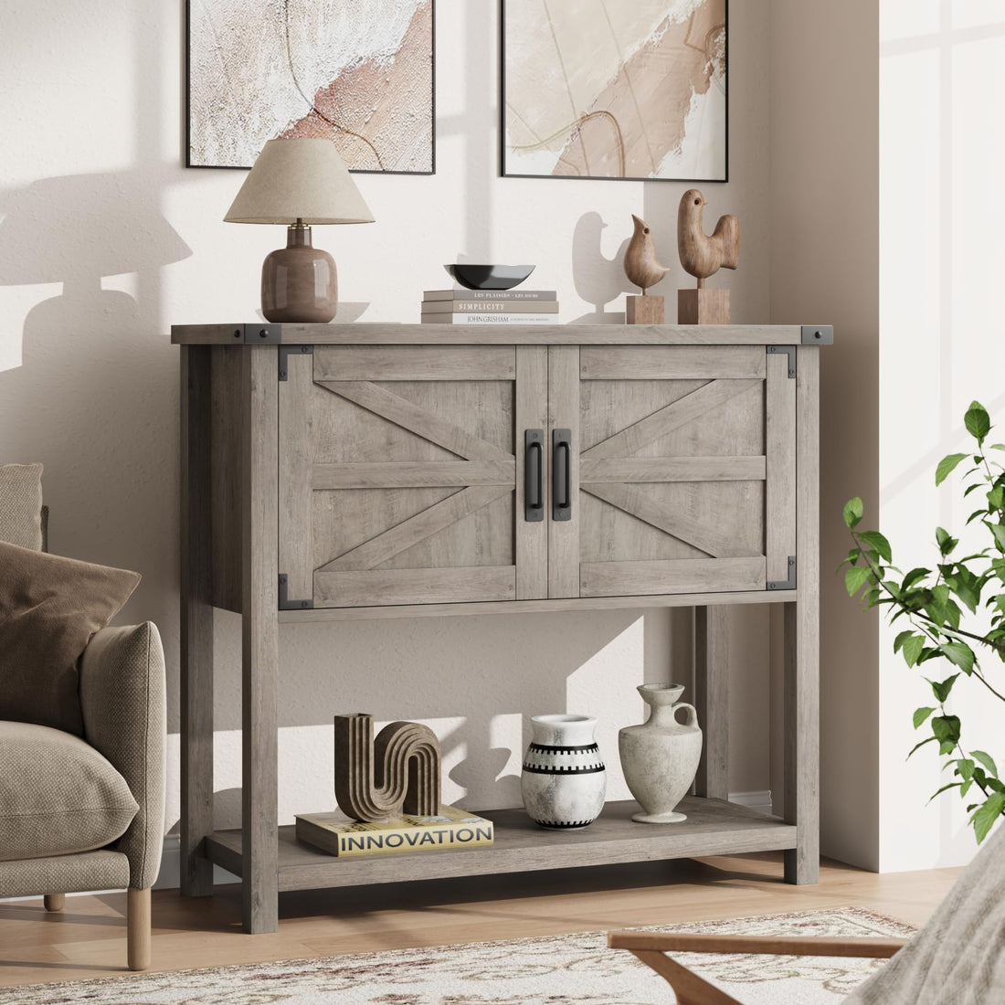 Garvee Consola de mesa Garvee con 2 cajones y estante inferior para entrada, sala de estar, pasillo, 110x30x78CM, estilo ratán gris