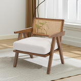 Garvee Sillón de Granja Mid-Century con Respaldo de Ratán, Cojín de Lino Beige para Salón y Dormitorio, Diseño Compacto y Montaje Fácil - Beige-Lino