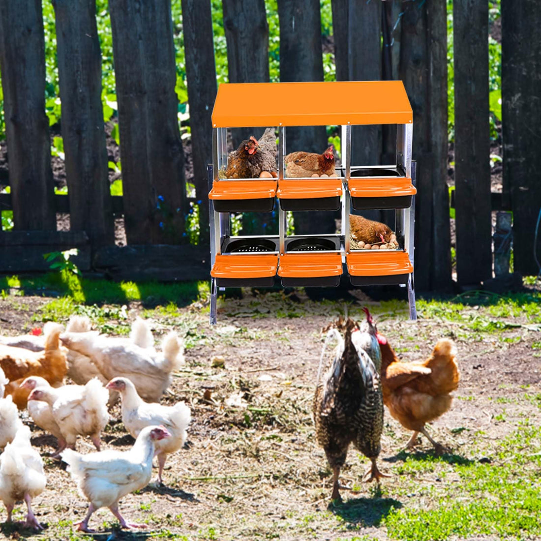 Garvee Caja de Anidación para Gallinas 6 Compartimentos con Soporte, Bandeja Deslizante, Ventilación Amplia, Plástico Resistente, Sistema Recolección Huevos, Ahorro de Espacio, Naranja