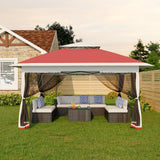 Garvee Pabellón Plegable de 365x365 cm  Cenador Emergente con Aleros Sistema de un Botón Mosquitera Lateral e Impermeable para Jardín, Camping y Eventos, Rojo y Gris - Rojo