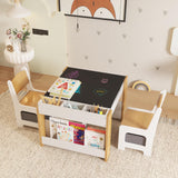 Garvee Conjunto de Mesa y Sillas Infantiles 4 en 1 de Madera MDF con Pizarra Reversible Estantería y Cajones de Almacenamiento Multicolor - Blanco