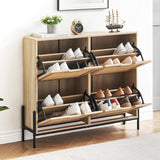 Garvee Armario Zapatero Estrecho de Ratán con 4 Puertas Batientes Pie de Metal Estantes Ajustables para Entrada y Hall 100x24x88 Cm Color Natural - Color de Madera Original
