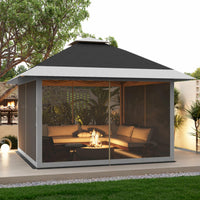 Garvee Carpa Gazebo Plegable 366x366 cm con Alero Retráctil de un Solo Toque y Mosquitera Estructura de Acero Resistente Altura Ajustable Impermeable Eventos al Aire Libre Gris Oscuro y Gris Claro