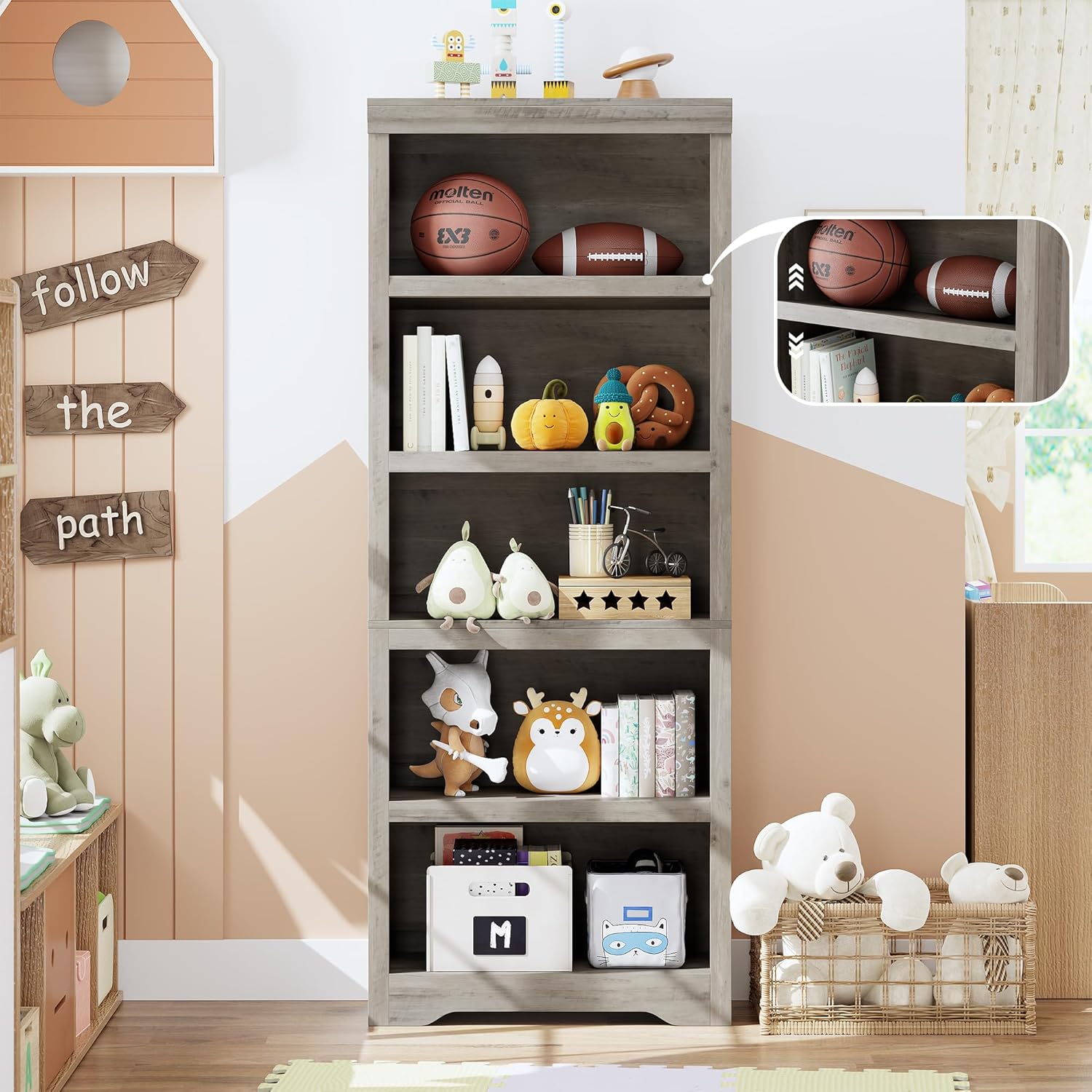 Garvee Estantería de Granja Alta 191cm con 2-6 Niveles Ajustables, MDF Resistente, Diseño Elegante, Antivuelco, para Sala y Oficina, Negro