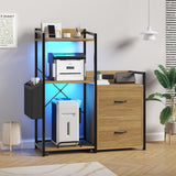 Garvee Archivador Rodante de 125 cm con Soporte para Impresora Estación de Carga Luces LED y 2 Cajones para Oficina Estructura Metálica Negro y Madera Natural - Natural