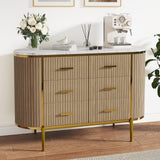 Garvee Cómoda de 6 Cajones de 120x40x80 cm, Aparador Acanalado de Roble con Tapa Efecto Mármol y Patas Doradas, Mueble Almacenaje Dormitorio y Salón