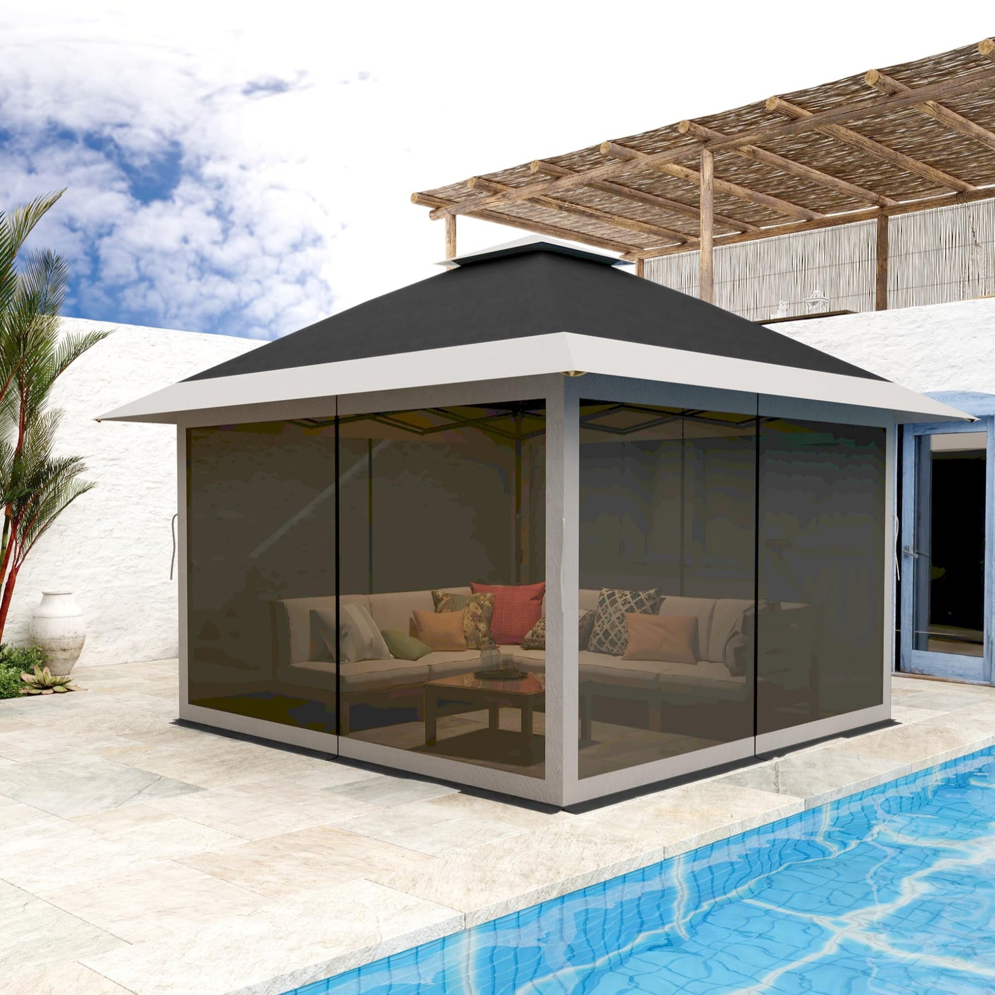 Garvee Carpa Gazebo Plegable 366x366 cm con Alero Retráctil de un Solo Toque y Mosquitera Estructura de Acero Resistente Altura Ajustable Impermeable Eventos al Aire Libre Gris Oscuro y Gris Claro