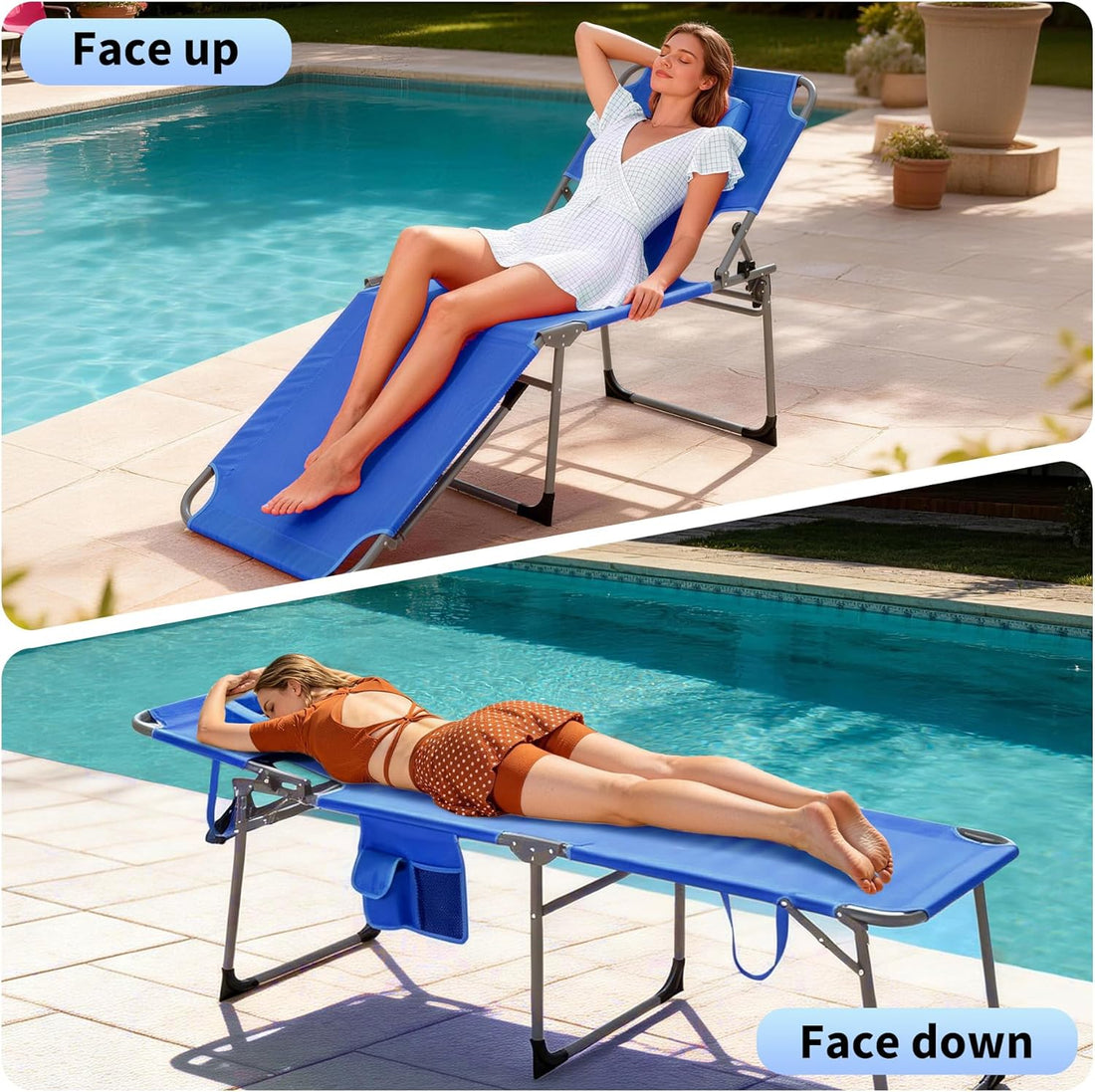 Garvee Tumbona Reclinable Alta con Abertura Facial, 5 Posiciones, Tejido Oxford 600D Resistente al Agua, Plegable con Bolsillo, Azul