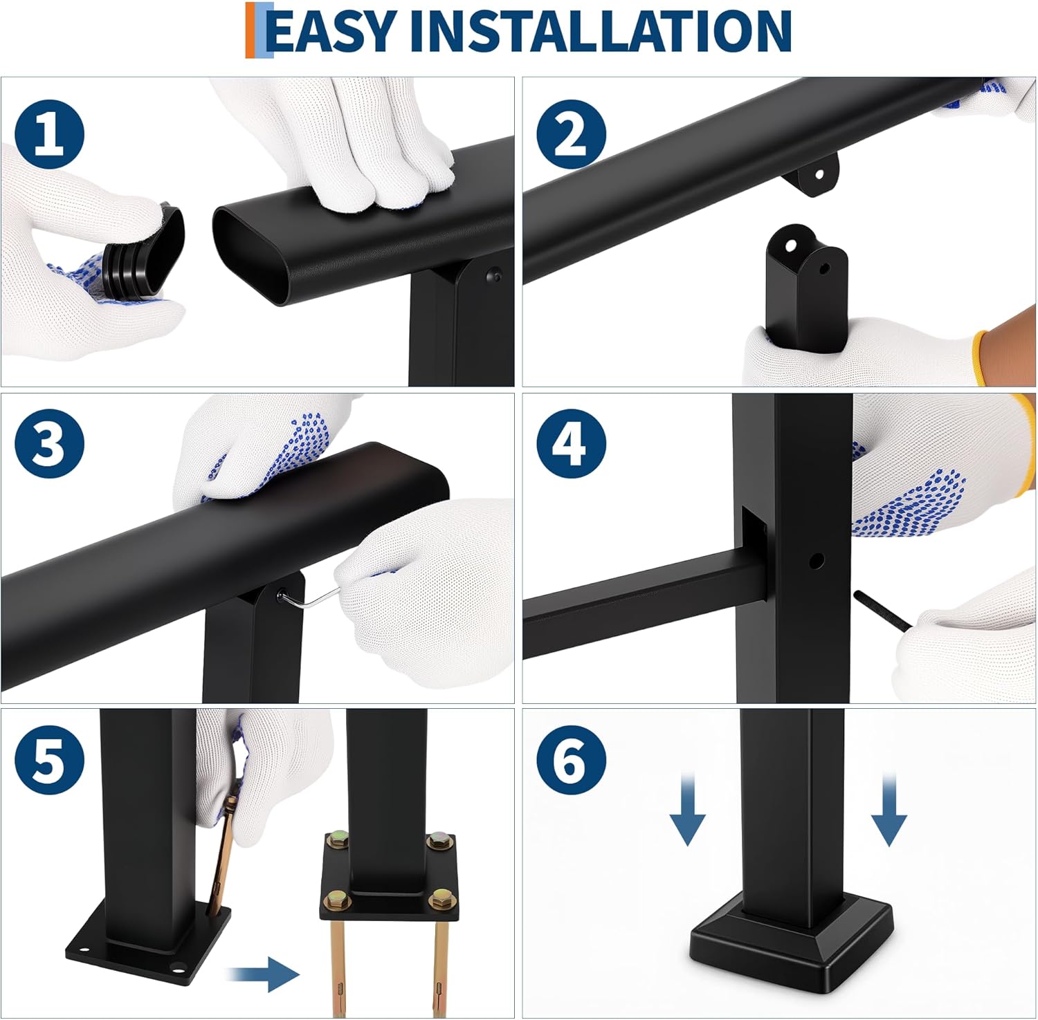 Garvee Barandilla para Escalera de 3 Peldaños Ergonómica y Estable con Accesorios de Montaje y Guantes para Exterior e Interior Negro