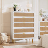 Garvee Cómoda Vertical de PB con 5 Cajones de Ratán de PE Diseño Elegante para Dormitorio Blanco - Blanco