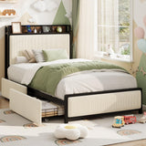 Garvee Cama Individual con Almacenamiento y Estación de Carga, Estructura Metálica Robusta, Tapizado en Corduroy Blanco, Ideal para Habitaciones Pequeñas