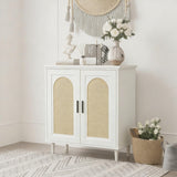 Garvee Buffet De Cocina Con 2 Puertas Correderas Rotín Natural MDF Madera Maciza Para Comedor Y Entrada 77.5x39.2x85.5 cm Bohemio - Blanco