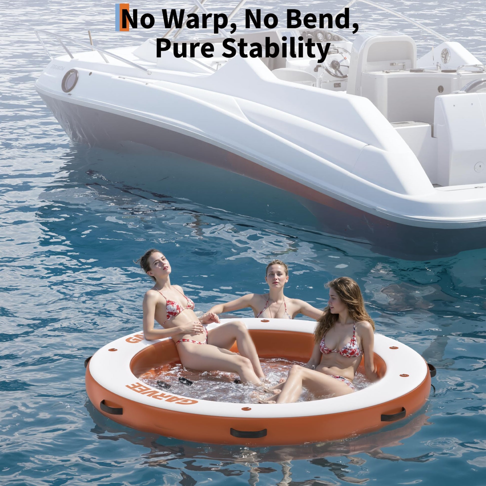 Garvee Hamaca Inflable Acuática Redonda de 244 cm, Plataforma Flotante de PVC Marino de Doble Zona con Malla Central de 183 cm, Escalera Desmontable y Cuerda de Anclaje, Blanco y Naranja