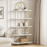 Garvee Estantería de Pared con Arco Superior y 5 Repisas, Marco Metálico Dorado y Paneles Efecto Mármol Blanco, 180 x 80 x 30 cm - Oro & Blanco