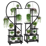 Garvee Set De 2 Estantes Para Plantas Metálicos Y De Madera, 6 Niveles, Con Ruedas Y Ganchos, Para Interior Y Exterior, Diseño Mitad Corazón - Negro