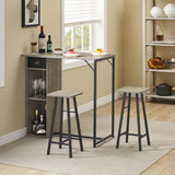 Garvee Conjunto Mesa y Sillas de Bar 3 Piezas con Cajón y Estantes, para Apartamento y Cafetería, Metal Resistente, Superficie Impermeable, Altura de Mostrador, Asientos Ergonómicos, Color Negro - Gris Rústico
