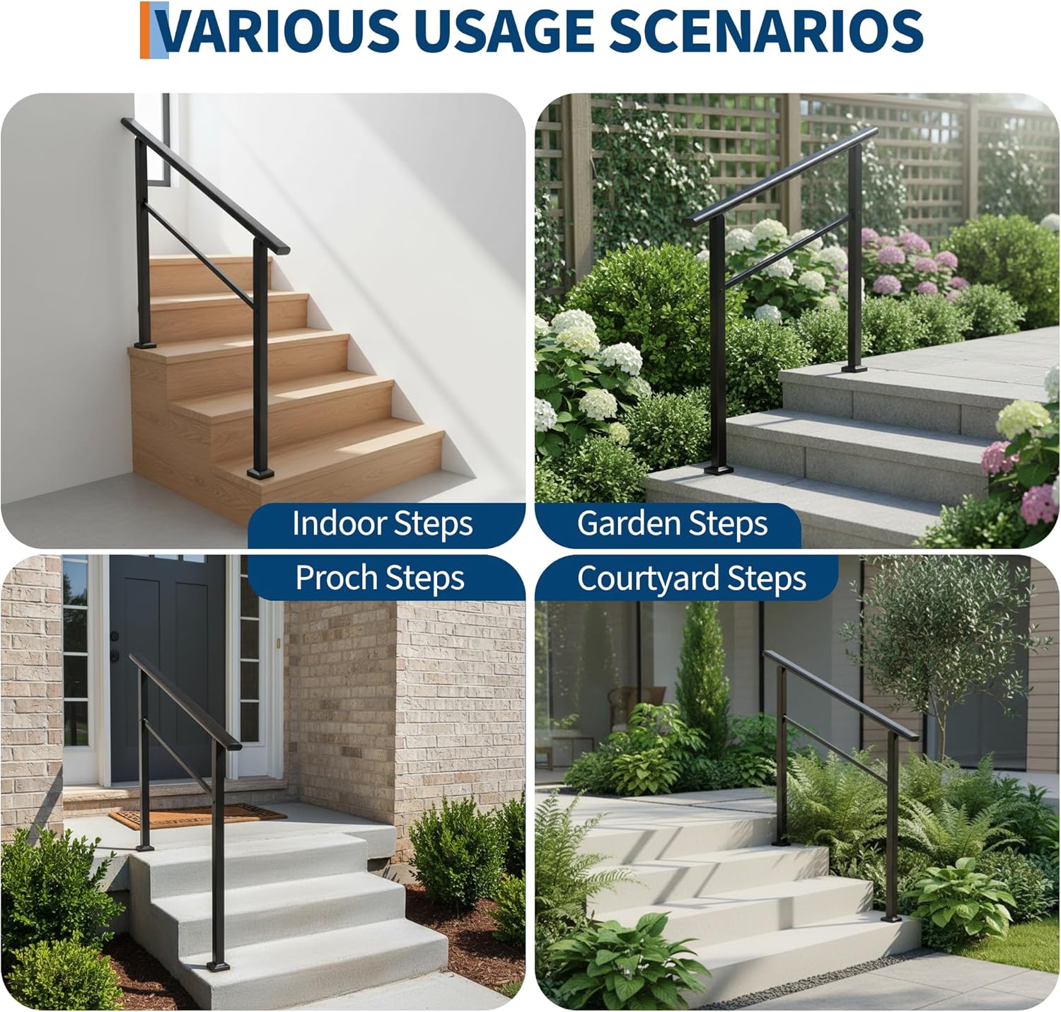 Garvee Barandilla para Escalera de 3 Peldaños Ergonómica y Estable con Accesorios de Montaje y Guantes para Exterior e Interior Negro
