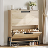 Garvee Zapatero Estrecho con 2 Cajones Abatibles, Mueble Organizador de Madera para Entrada y Pasillo, Capacidad 14-18 Pares, 80x24x94 cm, Color Natural - Madera Natural