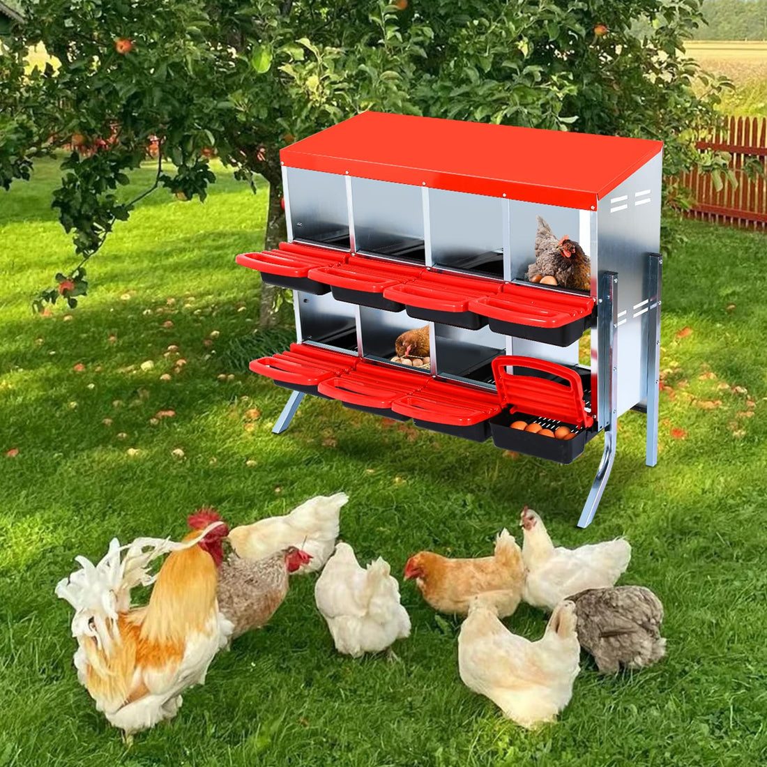 Garvee Caja de Nido para Gallinas 2 Niveles 8 Compartimentos con Soporte Metálico, Acero Galvanizado 0.6mm con Tapa Esmaltada, Techo Impermeable, Ventilación Superior, Rojo