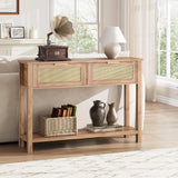 Garvee Mesa Consola de Ratán 109 cm con 2 Cajones Diseño Boho Moderno Estante Abierto para Pasillo y Sala Marrón - Nogal