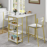 Garvee Set De Mesa Y Sillas De Bar 3 Piezas Con Extensión Flip Top Y Estantes De Almacenaje Para Cocina Pequeña, Blanco Mármol, Compacto Y Funcional - Blanco & Dorado