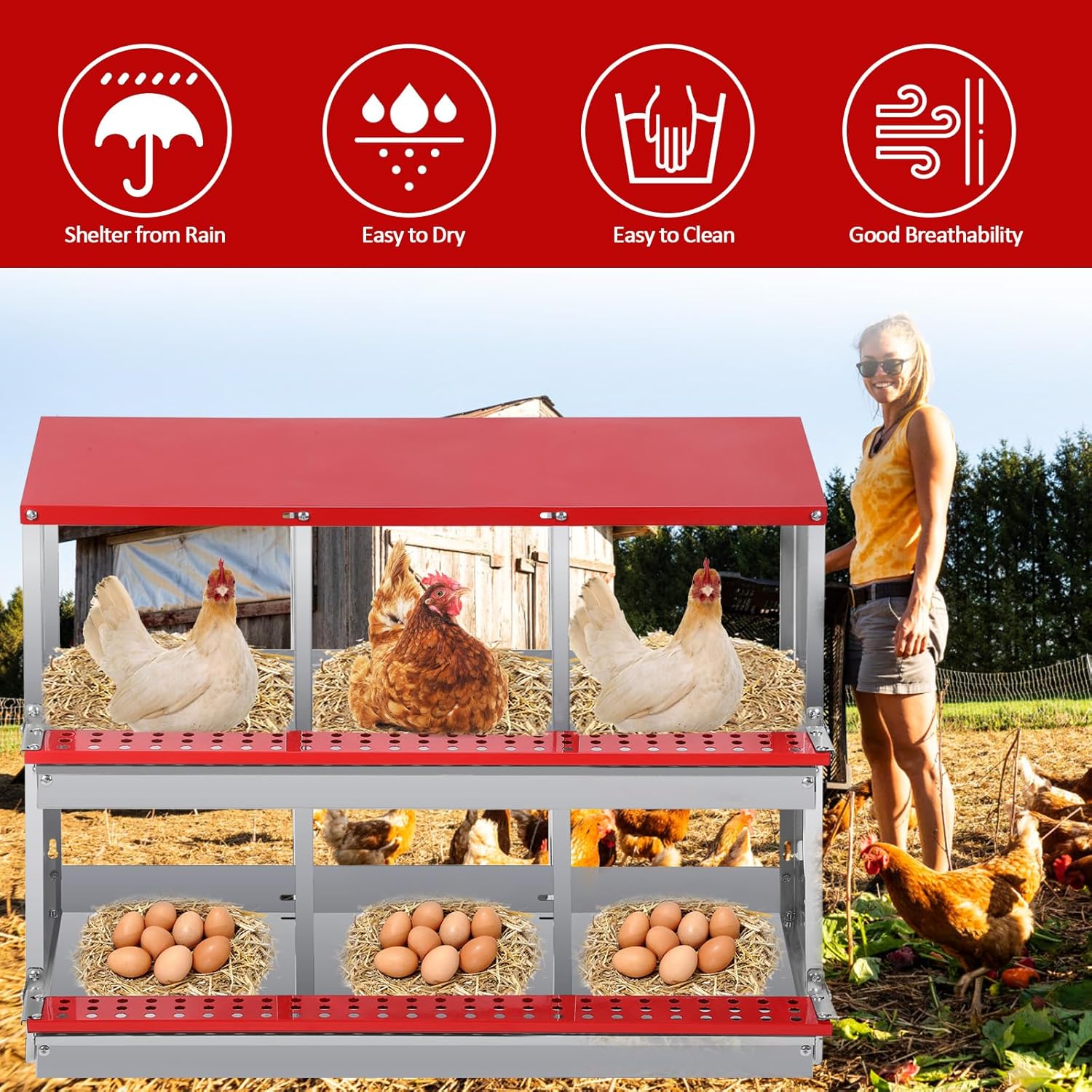 Garvee Caja de Nido para Gallinas 2 Capas 6 Compartimentos con Patas, Acero Galvanizado, Con 6 Huevos Falsos, Impermeable Antióxido, Montable en Pared, Rojo
