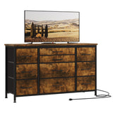 Garvee Commode 10 Tiroirs en Tissu avec Station de Charge, Métal et MDF, Style Industriel, 121x39x70 cm, Stable, pour Chambre Enfant et Adulte - Marrón