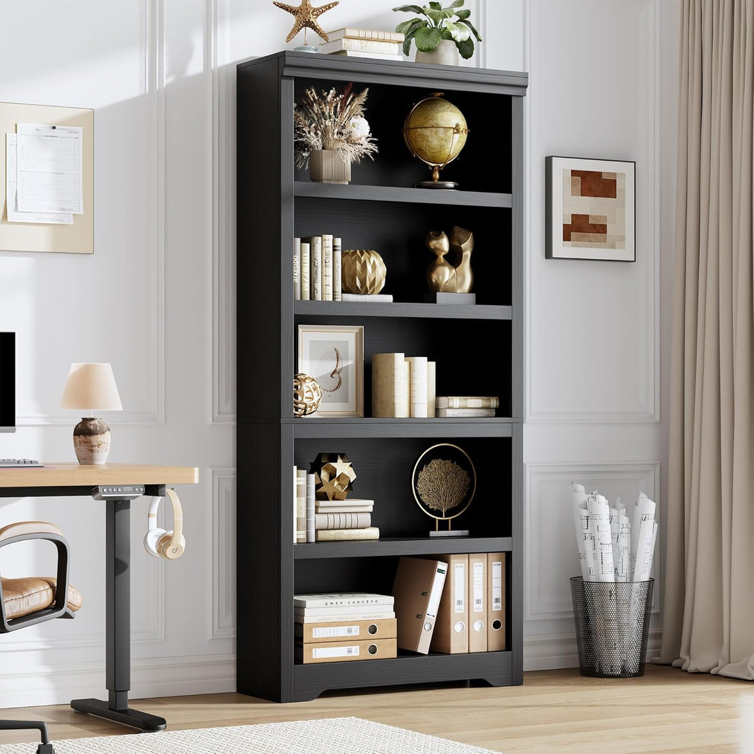 Garvee Estantería de 5 niveles ajustable 175cm de alto, MDF resistente, diseño antideslizante, negro, para sala y oficina