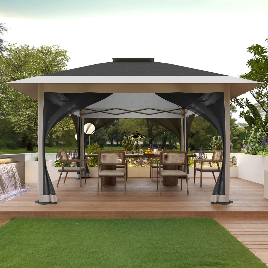 Garvee Carpa Gazebo Plegable 366x366 cm con Alero Retráctil de un Solo Toque y Mosquitera Estructura de Acero Resistente Altura Ajustable Impermeable Eventos al Aire Libre Gris Oscuro y Gris Claro